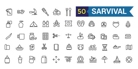 Survival icons set. Outline set of survival vector icons for ui design. Outline icon collection. Editable stroke.