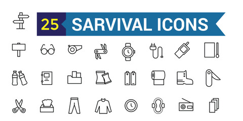 Survival icons set. Outline set of survival vector icons for ui design. Outline icon collection. Editable stroke.