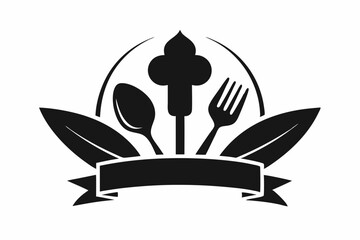 Black and white restaurant logo with utensils and food