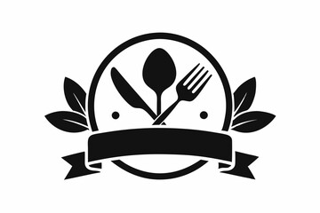 Black and white restaurant logo with utensils and food