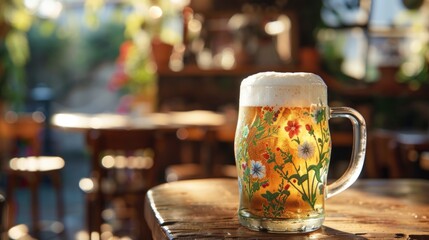 A glass mug with a floral design sits on a wooden table in a restaurant. Generate AI image