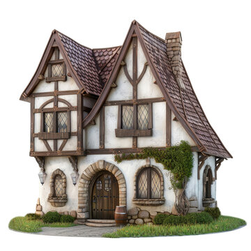 recommend clip art: Tudor-style house with steep gable roof and wooden beams on transparent background clipart