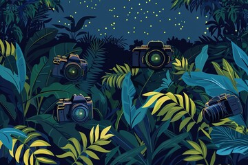 Retro camera in flowers and plants. Hand drawn photo camera. Can be used as print, logo, for cards, wedding invitation. Watercolor illustration