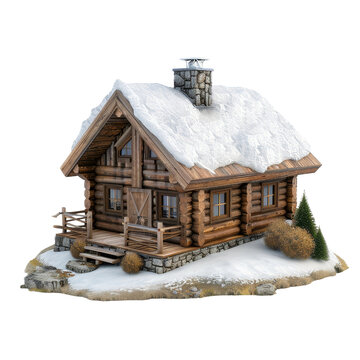 recommend clip art: Snow-covered log cabin with chimney and wooden porch on transparent background clipart