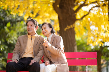 紅葉狩するシニア夫婦