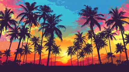 Tropical Sunset Coconut Palm Trees Silhouetted Colorful Sky Beach Scenery Peaceful Reflective Beauty Sunshine Image.