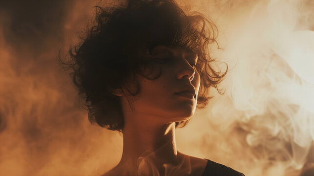 Woman in Dreamy Smoky Atmosphere, Soul Searching Serenity: High Contrast Shadow Portrait Head Lost in Clouds, Haze Clouded Thoughts 