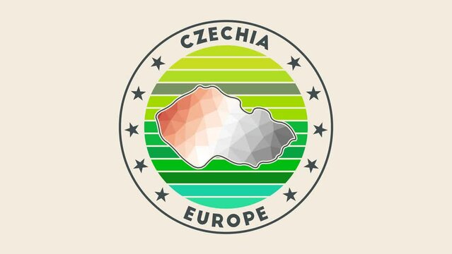 Czech Republic intro video. Badge with the circular name and map of the country in low poly tech geometric style. Stylish country round logo animation.
