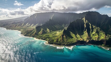 Green Mountain Aerial View of Hawaiian Tropical BeachPalm Trees and Turquoise Ocean