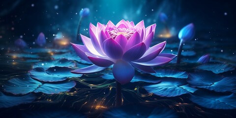 The magical wonder of a blooming fluorescent pink lotus flower on a mysterious night
