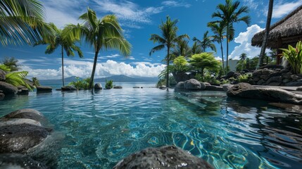 Fototapeta premium Infinity Pool OasisPalm Trees and Rocks in Tropical Paradise Landscape