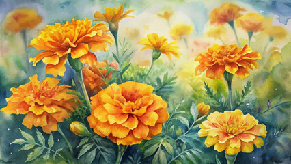 Beautiful marigold flower watercolor background
