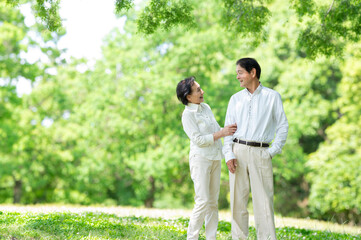 Fototapeta premium 新緑の公園を散歩するシニア夫婦