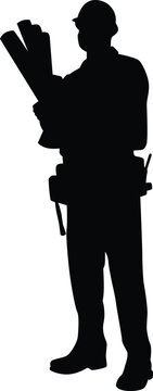 recommend clip art: Construction worker silhouette illustration. Men doing outdoor activity. Construction worker pose wearing safety helmet