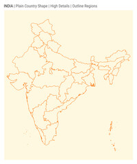 India plain country map. High details. Outline regions style. Shape of India. Vector illustration.