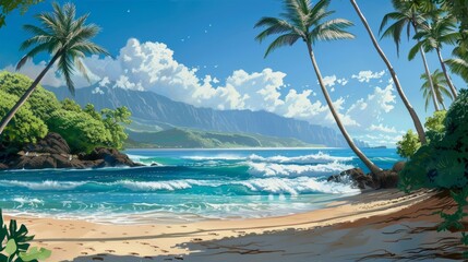 Obraz premium Tropical Paradise Hawaiian Beach ScenePalm Trees and Turquoise Ocean