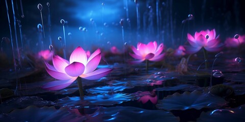 The magical wonder of blooming fluorescent pink lotus flowers with water drops rising upward