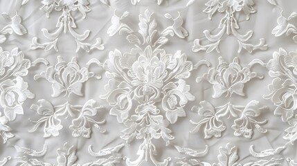 White fine lace texture with seamless beautiful vintage floral abstract pattern. The part of white lace curtain of a window for background