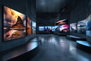 A high-tech virtual reality gallery, featuring photographs from around the world displayed on curved digital panels, with stylish VR headsets ready for viewers