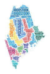 Maine county word cloud. State shape design. Maine colored illustration. County names collage cloud. Vector illustration.