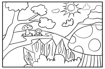 a coloring page with a mushroom and a tree in a forest. perfect for children book, coloring page for kids and adults