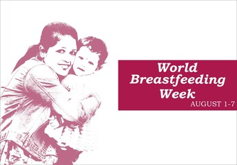 World Breast feeding Week 1 august text written on pink background . Vector of mother holding her child . copy space for text