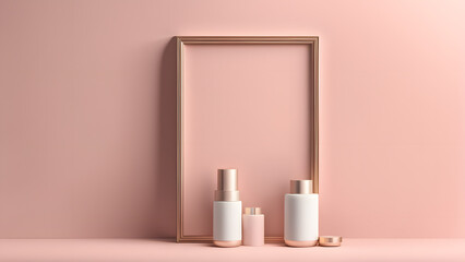 A frame with a pink background and a white bottle of perfume in the middle