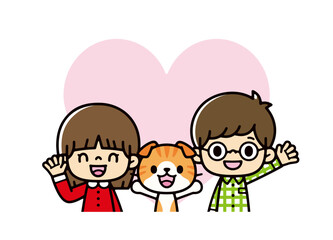 大きなハートの前で笑顔で手を振るかわいいアジアの子供たちとペットの猫のイラスト