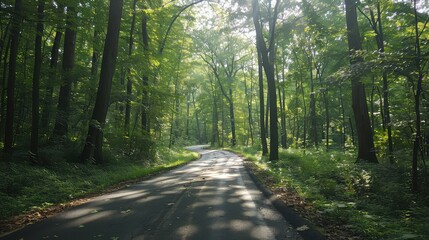 Obraz premium Scenic drive through a forest, sunlight filtering through trees, fresh, Realism, Photography