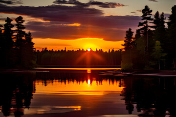 Fototapeta premium A fiery sunset paints the sky in vibrant hues of orange, pink, and purple above a glassy calm lake in northern Minnesota. 