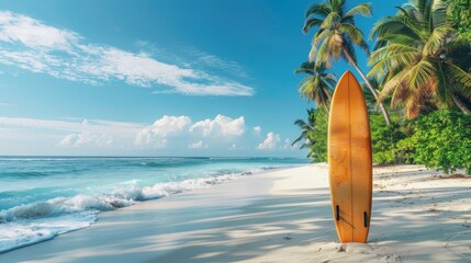 Beach getaway: Tropical summer scenesurfboard on sandy shore, panoramic view.