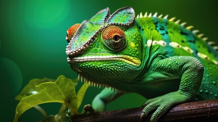 Obraz premium A green chameleon sits on a brown branch, looking at the camera.