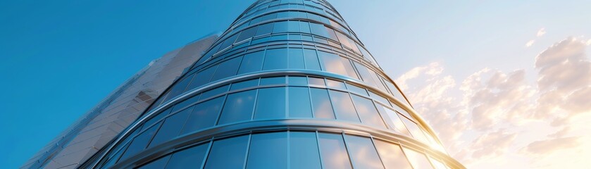 modern glass facade office building architecture design concept with sky and clouds.