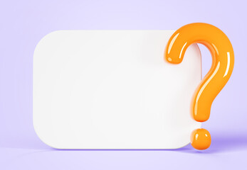 3d white board with question mark icon on purple background render. Quiz game banner frame, blank rectangle whiteboard template with yellow faq sign and empty space for answer, text. 3D illustration