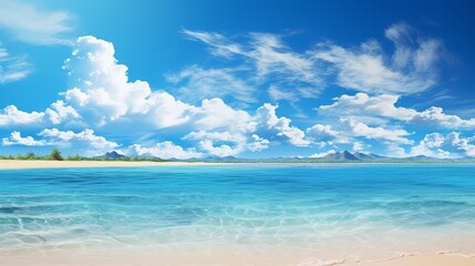 Fototapeta premium Panorama of perfect white sand beach and turquoise tropical ocean in Maldives. Tropical beach panorama