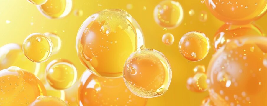 Bright 3D yellow and orange bubbles floating in a vibrant abstract background