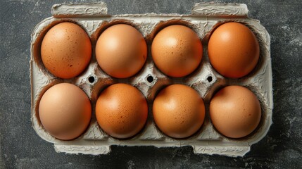 Eggs in a cardboard carton on a dark background, top view. Fresh organic eggs buying and storing concept