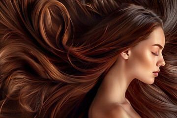 Naklejka premium woman with long brown hair is sleeping. The hair is long and flowing, and the woman's face is resting on her pillow. Concept of relaxation and comfort