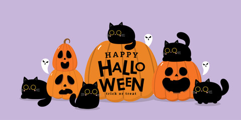 Happy halloween wallpaper and greeting card. Spooky pumpkin with cute black cats. Holidays cartoon character. -Vecto