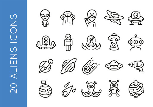 Alien icons. Set of 20 Alien trendy minimal icons. Example: UFO, alien waving, Saturn, alien spaceship, Ray gun. Design signs for web page, mobile app, packaging design. Vector illustration.