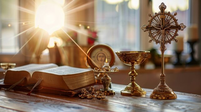 Catholic Symbols on Wooden Altar - Cross, Monstrance, Religious Icons.
