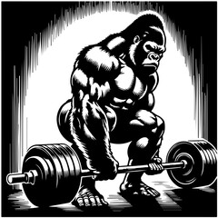 Gorilla lifting heavy barbell weights Vector Logo © Droj