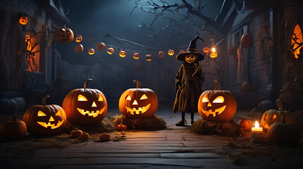 A spooky Halloween scene with carved pumpkins, eerie lighting, and costumed characters. Aim for a balance of fun and slightly eerie atmosphere, abstract style

