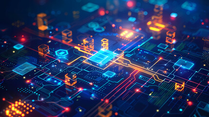 Fototapeta premium Abstract digital circuit board with glowing lights showcasing futuristic technology and data flow.
