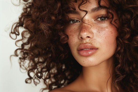 woman with curly hair and green eyes. She has a nice smile and is wearing makeup. The image has a warm and friendly vibe