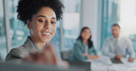 Face, presentation and writing with business woman in boardroom of office for coaching or planning....