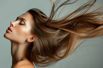 Obraz premium woman with long brown hair is shown with her head tilted back. The hair is flowing and he is styled in a way that accentuates her features. Scene is one of confidence and beauty