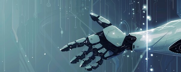 Futuristic robot hand interacting with digital interface, advanced AI technology concept
