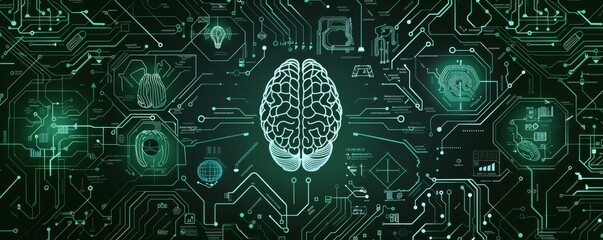 Digital brain concept with icons representing technology and artificial intelligence on green background