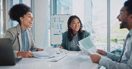 Business people, meeting and excited for data analytics, statistics or results in SEO...